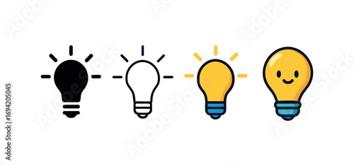 Vector icon light bulb idea same pose same proportions four styles black solid glyph outline minimal flat multicolor filled cartoon flat shaded.