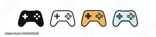 Vector icon gaming controller same pose same proportions four styles black solid glyph outline minimal flat multicolor filled cartoon flat shaded.