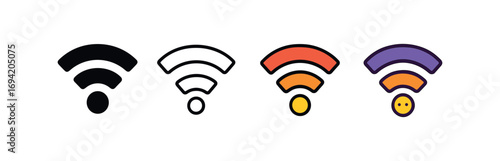 Vector icon wi fi signal same pose same proportions four styles black solid glyph outline minimal flat multicolor filled cartoon flat shaded.