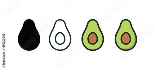 Vector icon avocado half same pose same proportions four styles black solid glyph outline minimal flat multicolor filled cartoon flat shaded.