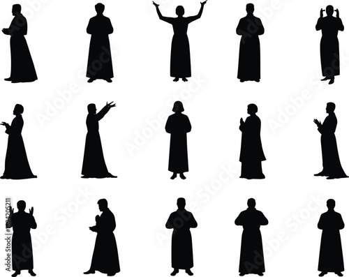 Collection of religious people silhouettes, vector illustration of priests in prayer and worship poses, faith spirituality devotion concept, church ceremony design set