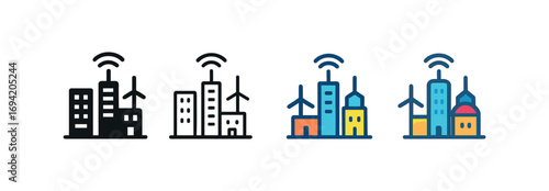 Vector icon smart city skyline same pose same proportions four styles black solid glyph outline minimal flat multicolor filled cartoon flat shaded.