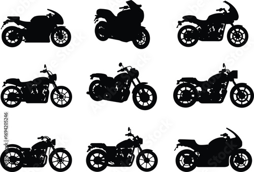 Collection of motorcycle silhouette vector icons, black motorbike shapes set, vintage cruiser, sport bike, chopper, cafe racer design, transportation illustration
