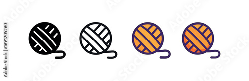 Vector icon yarn ball knitting same pose same proportions four styles black solid glyph outline minimal flat multicolor filled cartoon flat shaded.