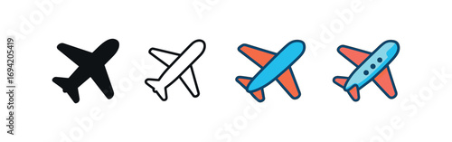 Vector icon airplane flying same pose same proportions four styles black solid glyph outline minimal flat multicolor filled cartoon flat shaded.