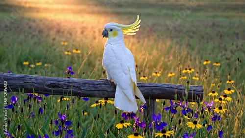 AI-Generated white cockatoo with a yellow crest sits on a weathered wooden fence amidst a field