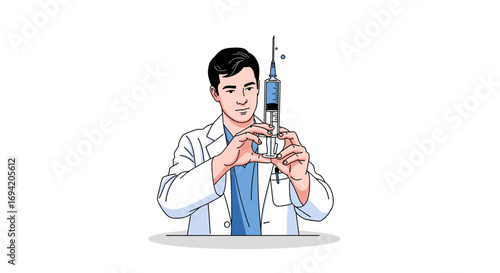 A focused doctor in a white coat carefully prepares a syringe filled with medication for injection, ensuring precision and safety