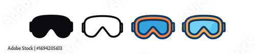 Vector icon ski goggles same pose same proportions four styles black solid glyph outline minimal flat multicolor filled cartoon flat shaded.
