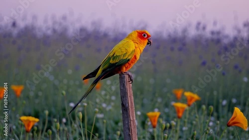 colorful yellow and green parrot perched on a wooden post in a field of orange flowers.