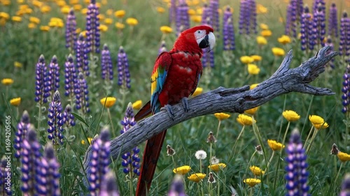 vibrant red macaw with blue and yellow wings is perched on a weathered tree branch in a field