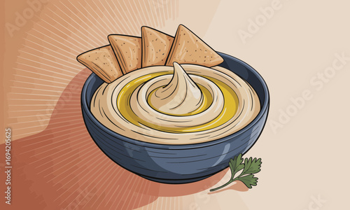 Appetizing hummus bowl with pita chips and parsley garnish, presented in a vibrant and inviting culinary illustration