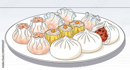 An overhead view illustration showcases a delightful assortment of dim sum on a white plate, including shumai, har gow, and steamed buns, delicious cuisine