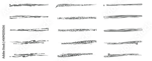 Black grunge brush stoke line set. Hand drawn crayon underline and highlighter collection. Wet or dry pastel pencil doodle and scribble bundle. Vector rough chalk charcoal sketch scrawls and squiggles