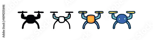 Vector icon drone flying same pose same proportions four styles black solid glyph outline minimal flat multicolor filled cartoon flat shaded.