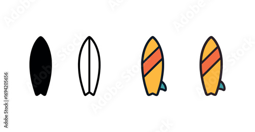 Vector icon surfboard same pose same proportions four styles black solid glyph outline minimal flat multicolor filled cartoon flat shaded.