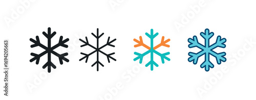 Vector icon snowflake crystal same pose same proportions four styles black solid glyph outline minimal flat multicolor filled cartoon flat shaded.
