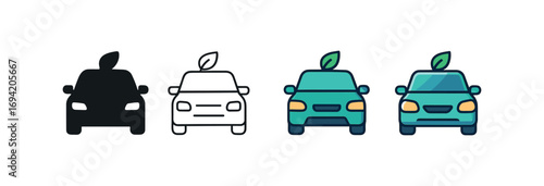 Vector icon hybrid car front view same pose same proportions four styles black solid glyph outline minimal flat multicolor filled cartoon flat shaded.