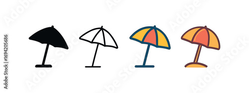 Vector icon beach umbrella same pose same proportions four styles black solid glyph outline minimal flat multicolor filled cartoon flat shaded.