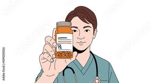 Caring healthcare professional holding a prescription medication bottle with pills inside, offering medical advice and treatment