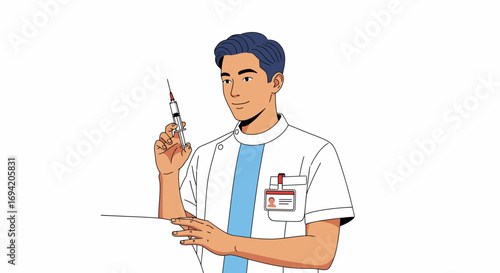 Cartoon doctor holding syringe preparing for vaccination shot in healthcare vector illustration medical worker ready to give injection