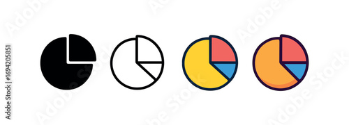 Vector icon pie chart same pose same proportions four styles black solid glyph outline minimal flat multicolor filled cartoon flat shaded.