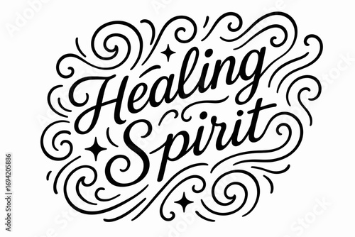 Healing Spirit thin line calligraphy smooth curves balanced composition clear readable letters consistent style surrounded by abstract waves swirls and star shapes diagonal decorative.