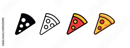 Vector icon pizza slice same pose same proportions four styles black solid glyph outline minimal flat multicolor filled cartoon flat shaded.