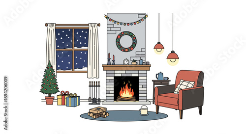 Cozy Christmas living room scene with fireplace, armchair, tree, and gifts for a festive holiday atmosphere