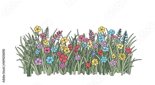 Colorful wildflower meadow illustration with green grass, blue, yellow, pink, and red blooms creates a vibrant spring scene