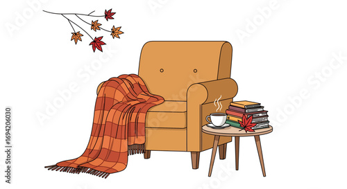 Cozy autumn reading nook with armchair, blanket, coffee, and books in a warm and inviting indoor setting, creating a peaceful and relaxing atmosphere