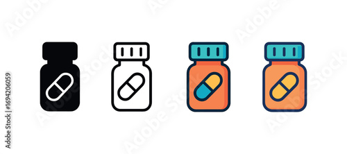 Vector icon pharmacy pill bottle same pose same proportions four styles black solid glyph outline minimal flat multicolor filled cartoon flat shaded.