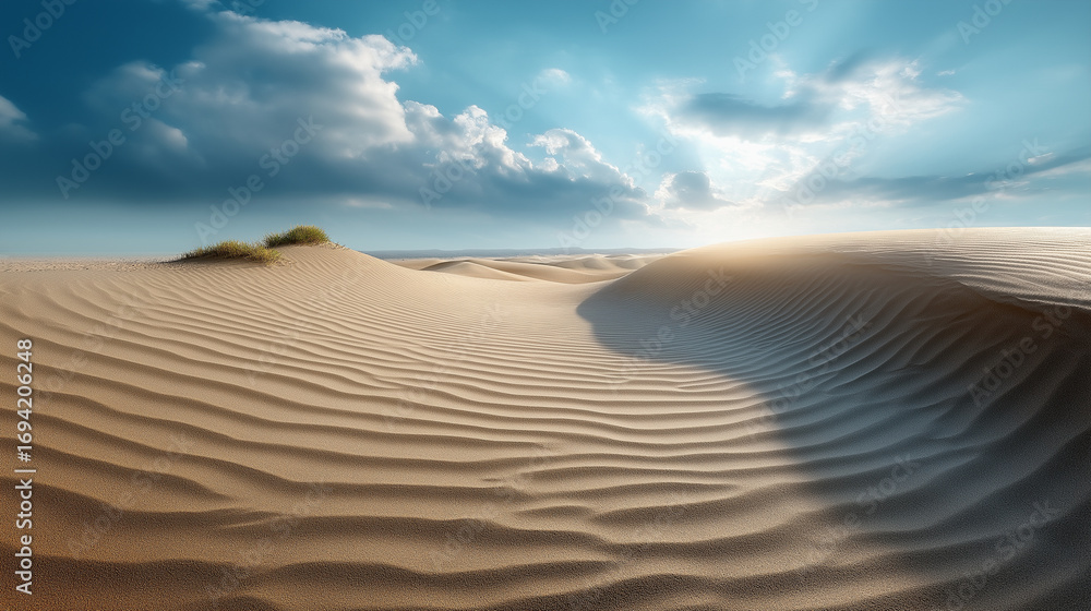 Naklejka premium Sand ripples under sky, the vast scene illuminated by gentle light. Sand, ripples, with copy space