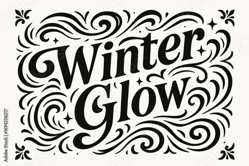 Winter Glow bold vintage calligraphy smooth curves balanced composition clear readable letters consistent style surrounded by abstract waves swirls and star shapes centered with corner.
