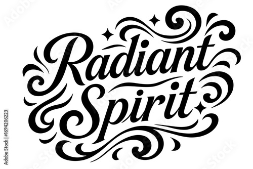 Radiant Spirit elegant calligraphy lettering smooth curves balanced composition clear readable letters consistent style surrounded by abstract waves swirls and star shapes diagonal.