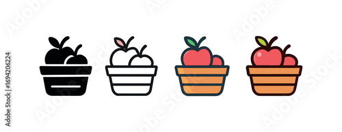 Vector icon harvest basket same pose same proportions four styles black solid glyph outline minimal flat multicolor filled cartoon flat shaded.