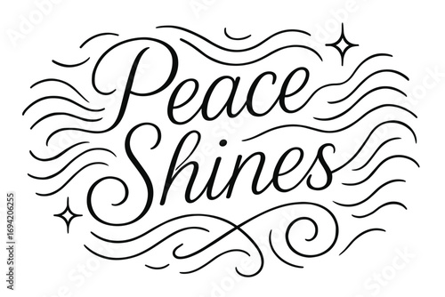 Peace Shines thin line calligraphy smooth curves balanced composition clear readable letters consistent style surrounded by abstract waves swirls and star shapes none clean white background.