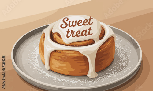 Delicious cinnamon roll with sweet icing on a plate, a tempting treat for dessert lovers and pastry enthusiasts, perfect for breakfast