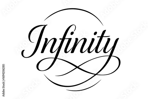 Infinity elegant calligraphy lettering smooth curves balanced composition clear readable letters consistent style none circular frame composition clean white background vector look high.