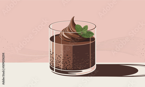 Delicious chocolate dessert with creamy topping and mint leaf in a glass vector illustration, a sweet indulgence