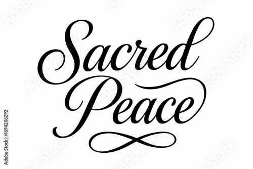 Sacred Peace elegant calligraphy lettering smooth curves balanced composition clear readable letters consistent style none diagonal decorative composition clean white background vector look.