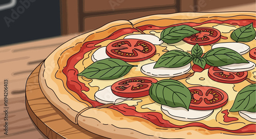 Delicious Margherita pizza illustration with fresh basil, sliced tomatoes, and mozzarella on a wooden board capturing the essence of Italian cuisine