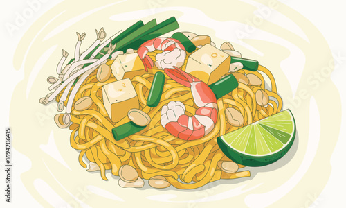 Delicious Pad Thai illustration featuring noodles, shrimp, tofu, peanuts, lime, and sprouts in a vibrant and tasty presentation