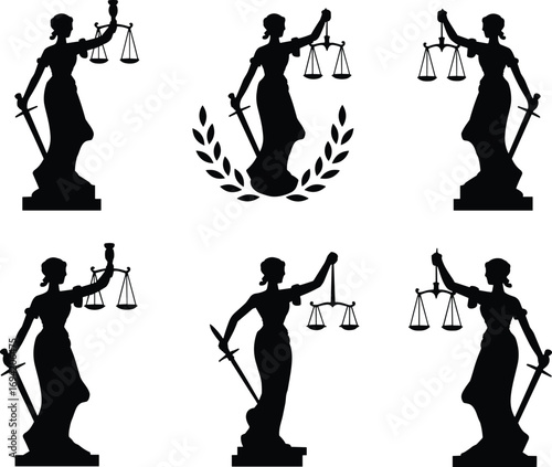 Lady Justice silhouette holding sword and scales, law symbol, fairness, legal balance, equality, court justice, lawyer, attorney, judicial system vector illustration