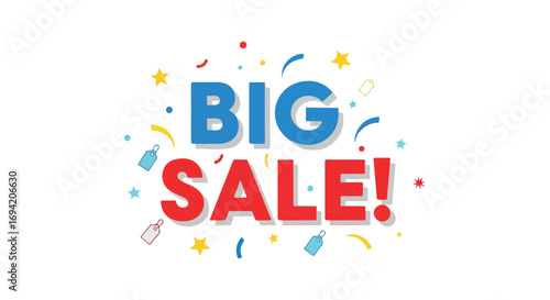 Colorful big sale banner with celebratory confetti for marketing promotions with playful elements offering significant price reductions