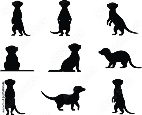 Meerkat silhouette vector illustration collection, standing and sitting poses, wild animal shadow design, wildlife icon set, African desert creature graphic art