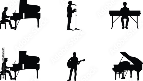 Musician silhouette vector collection with piano, guitar, singer and keyboard player, black music performance icons set, concert, live show illustration