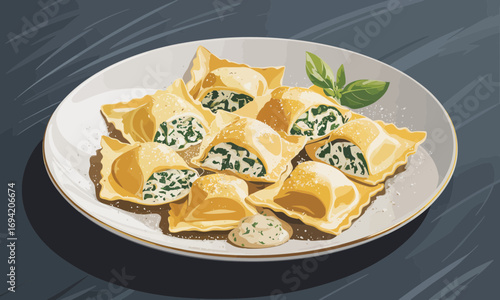 Delicious spinach and ricotta ravioli with fresh basil on a plate, vector illustration of italian cuisine