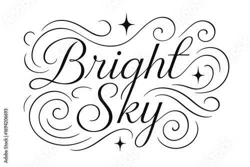 Bright Sky thin line calligraphy smooth curves balanced composition clear readable letters consistent style surrounded by abstract waves swirls and star shapes horizontal balanced layout.