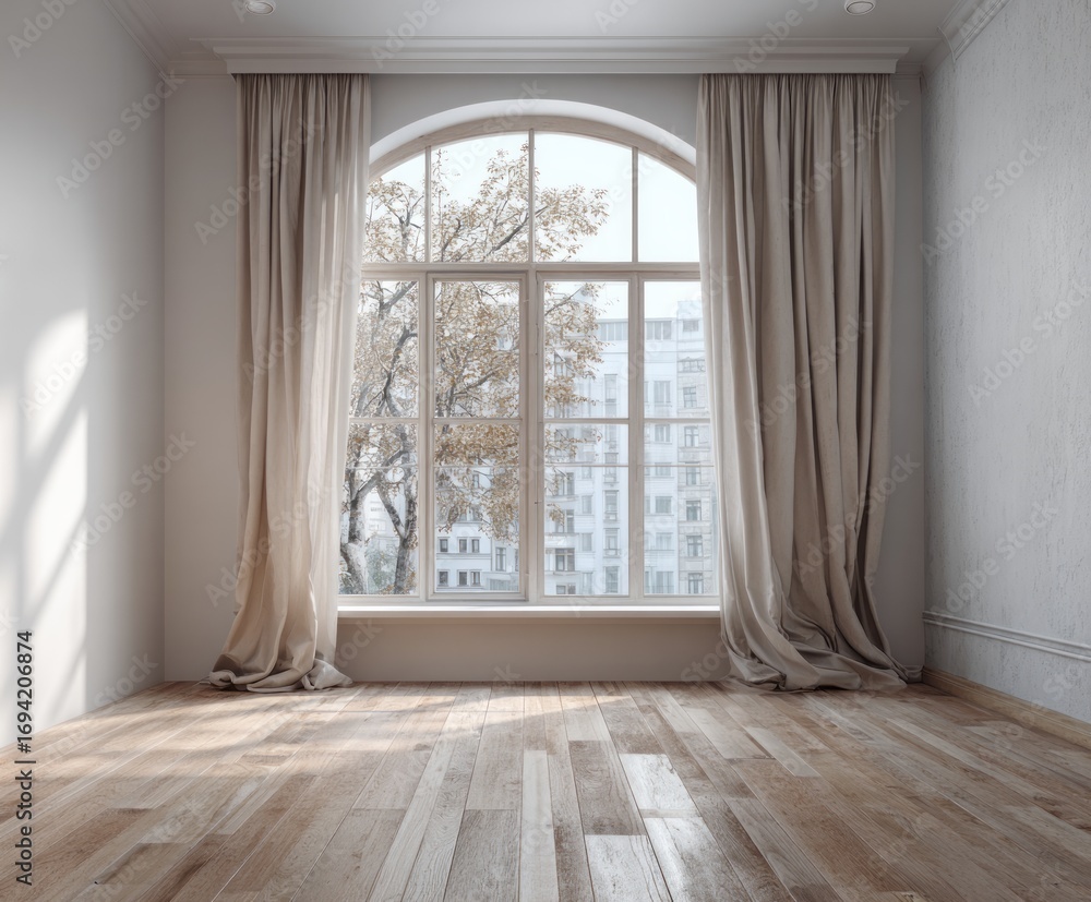 Obraz premium A tranquil, light-filled room showcases a large arched window with beige curtains, hardwood floors, and a view of a cityscape.