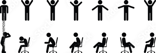  Office worker stick figure vector illustration showing sitting positions, stretching, relaxation, stress, desk posture, ergonomic chair activities, workplace routine, body movement, wellness icons